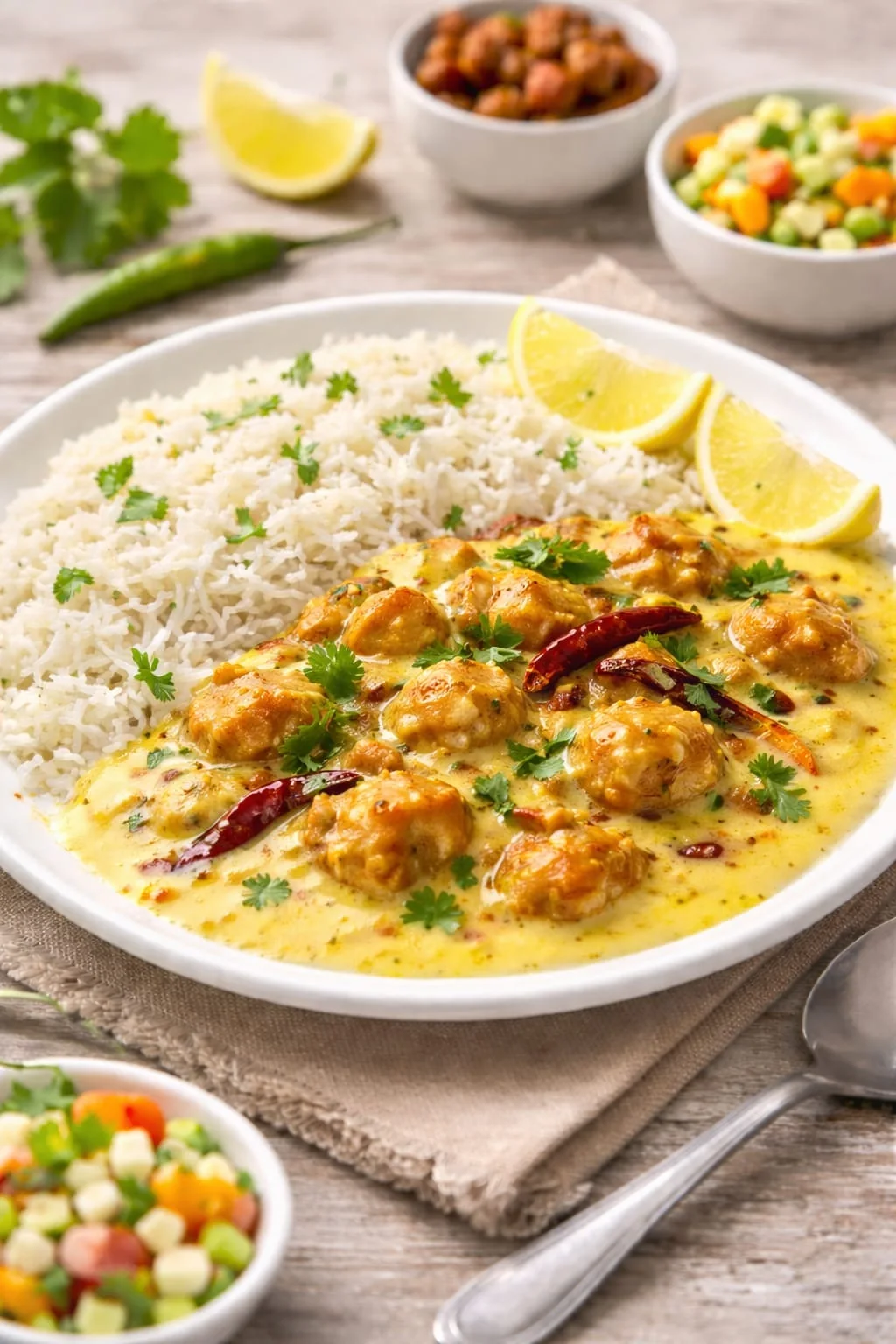 Kadhi Chawal — Kadhi Pakora with basmati rice, kala chana, and matar-corn chaat