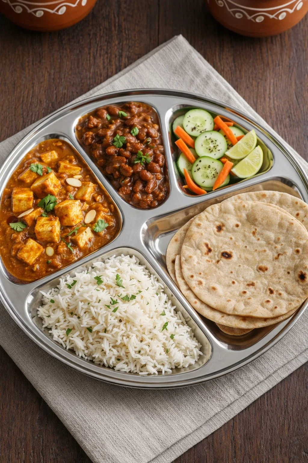 Prashadam thali with shahi paneer, dal makhani, salad, basmati rice and phulkas