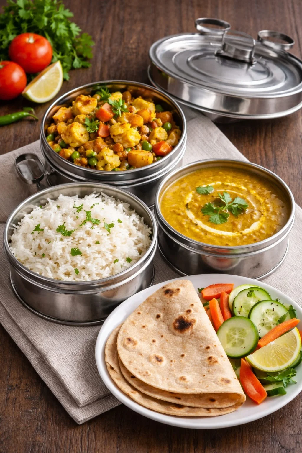 Daily tiffin meal with seasonal sabzi, yellow dal, jeera rice, phulkas and salad