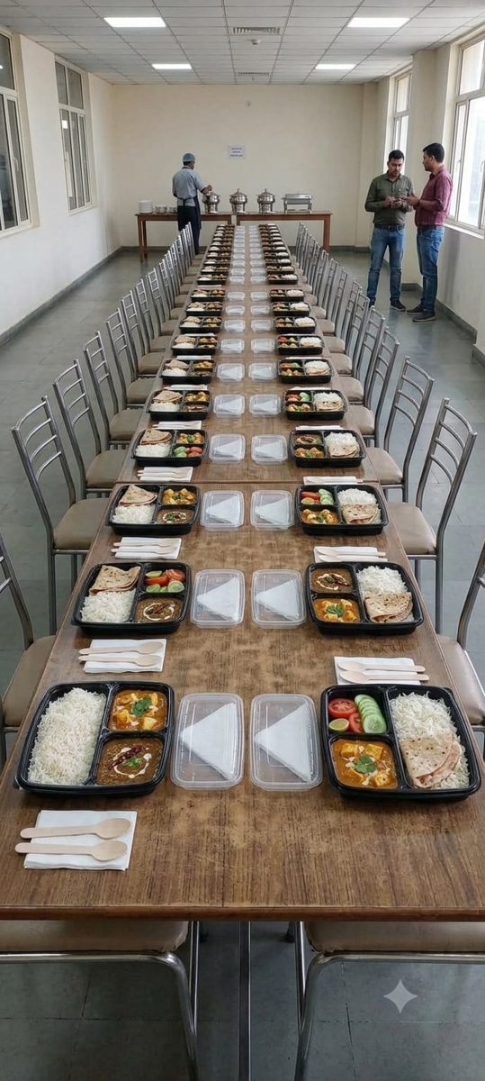 Long dining table set with boxed meals for an event